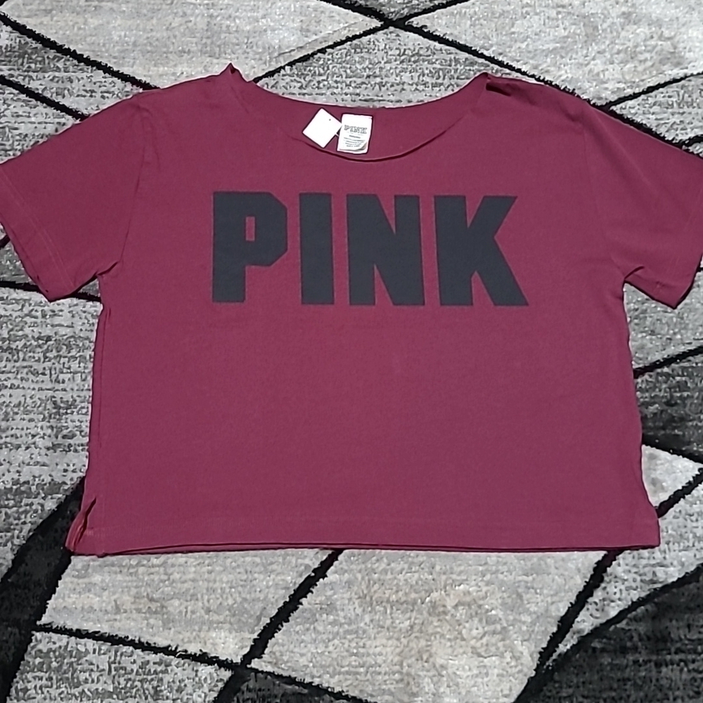 VS PINK 2017 CAMPUS LOGO RAW EDGE CROP-TOP SHIRT
